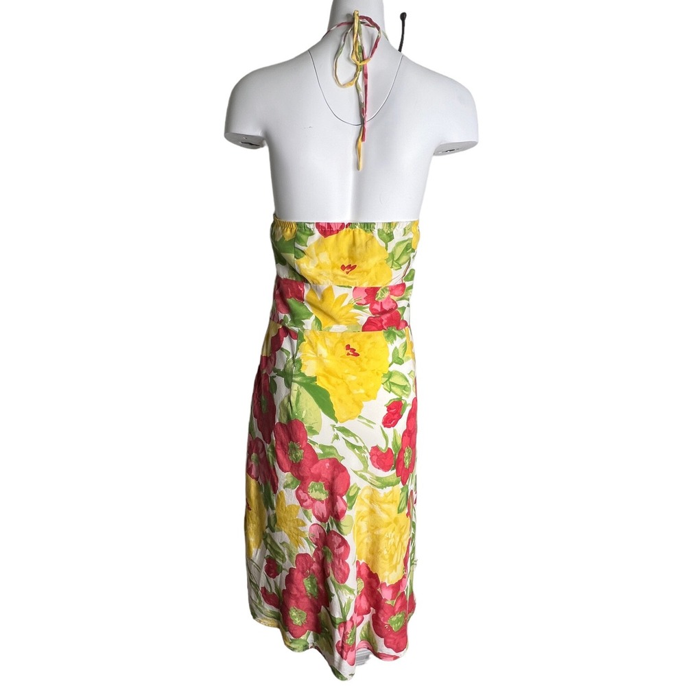 Ann Taylor Loft Silk Halter Dress Size 12‎ Tropical Floral Open Back Pink Yellow - Picture 6 of 10